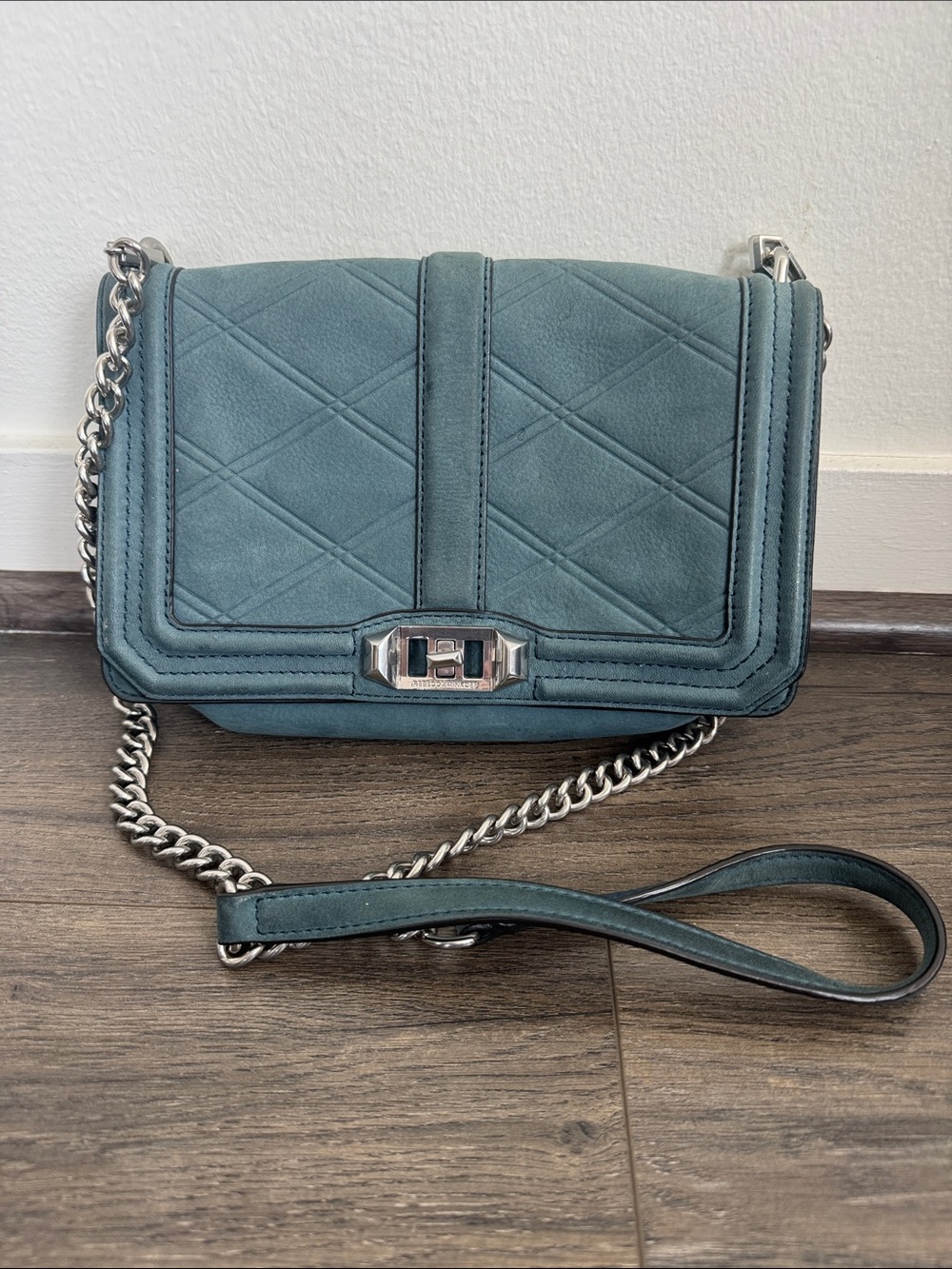 Rebecca Minkoff Teal Quilted Leather Crossbody with Silver Chain